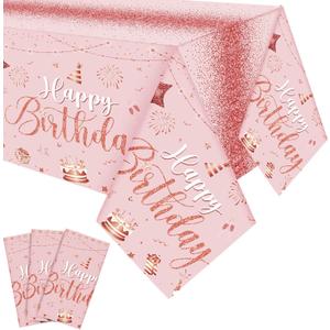 Tudomro 3 Pcs Happy Birthday Tablecloths Happy Birthday Party Decorations Plastic Table Cover Rectangular Cloths for Women Men Baby Shower Party Supplies, 108 x 54 Inch (Pink Rose Gold)