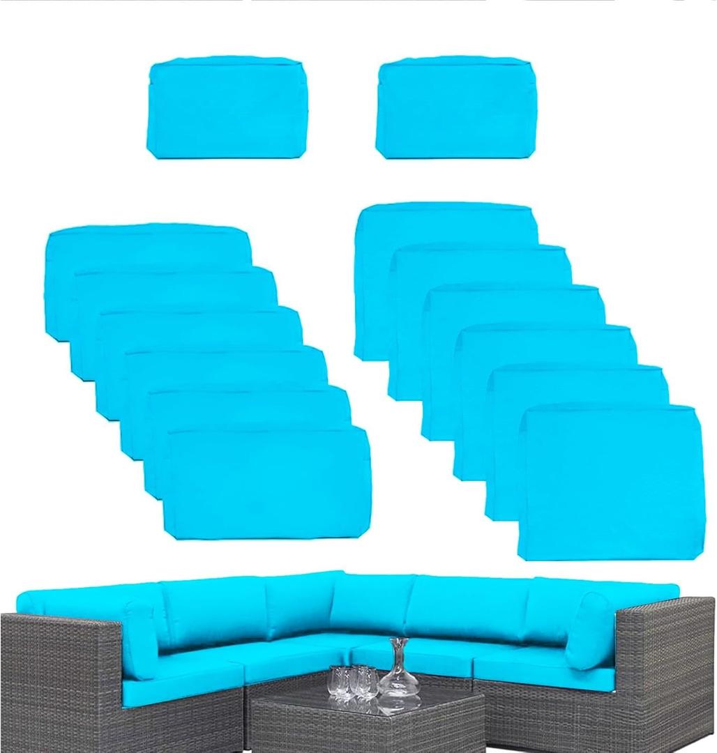 14 Pcs Outdoor Patio Furniture Cushion Covers Replacement, Waterproof Non-Slip Cushion Covers for Outdoor Furniture, 3 Sizes Patio Sofa Couch Slipcovers with Zippers, Covers Only (Sky Blue)