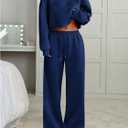 SOLY HUX Women's 2 Piece Outfits Fall Sweatsuits Off The Shoulder Crop Top Wide Leg Sweatpants Casual Matching Lounge Sets (Blue, M)