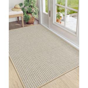 DEXI Door Mat Inside Entrance 36x56, Non Slip Rubber Backed Dirt Trapper, Low Profile Thin Welcome Doormat, Absorbent Easy Clean Entry Mats for Entryway, Patio, Beige and White (3' x 4'8" (Rectangular))
