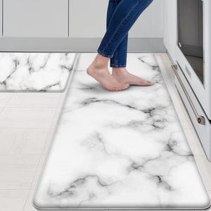 MAYHMYO Anti Fatigue Kitchen Mat for Floor Set of 2 White and Black Marble Comfort Mats Cushioned Non Slip Waterproof Kitchen Rugs Standing Kitchen Mats for Floor House Sink Office (17.3"x 29"+ 17.3"x 47"--0.47 inches)
