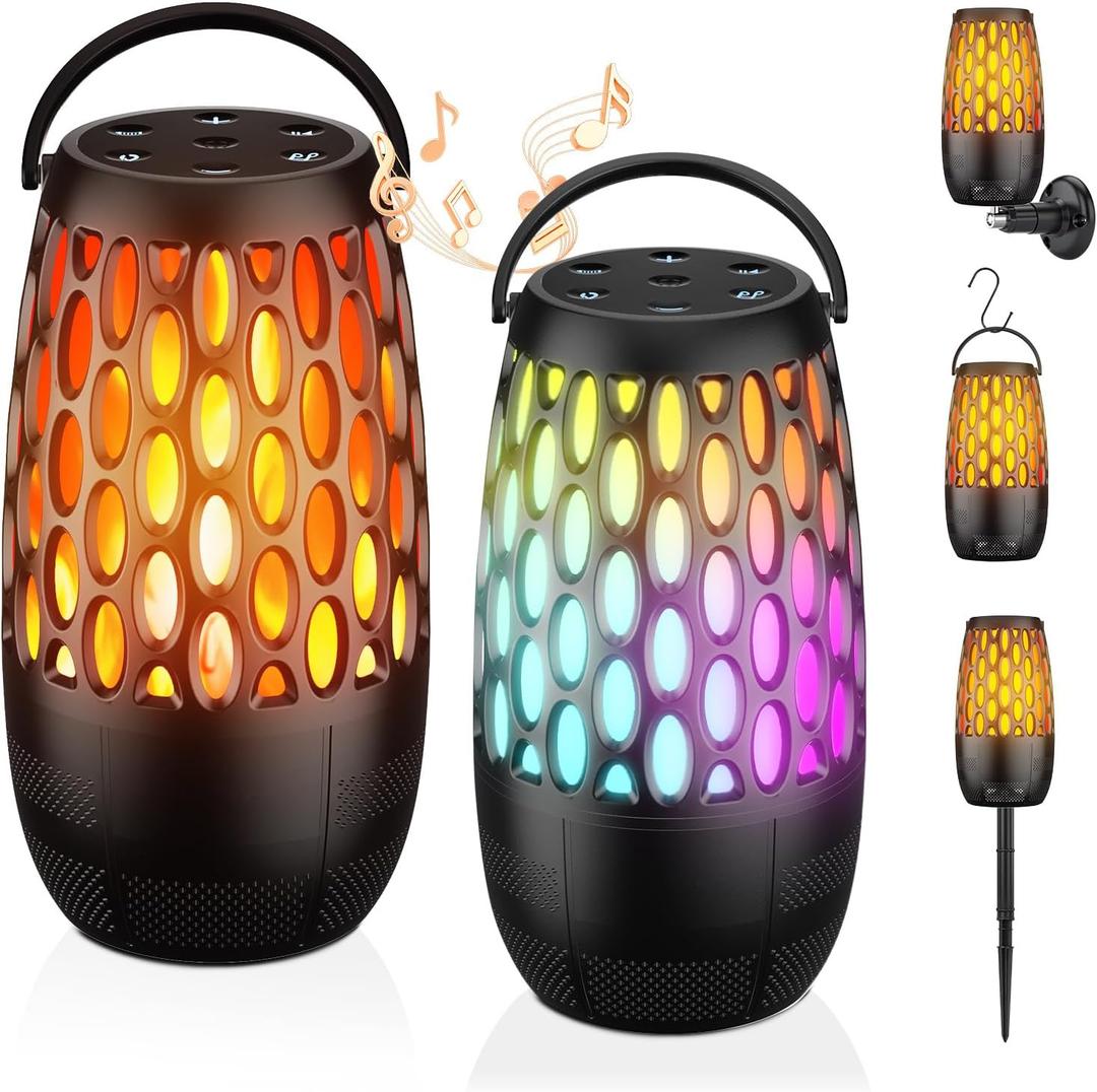 Outdoor Speakers, Portable Wireless Speaker with Flame Lights, Multi-Sync up to 100 Speakers Auto-Pairing HD Stereo Sound Waterproof, Hook for Patio Yard Porch, Gifts for Men Women