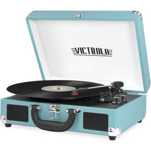 Victrola Journey Bluetooth Portable Suitcase Record Player  with Built-in Speakers, 3 Speed Vinyl Record Player, RCA Out, Headphone Jack (Aqua Turquoise)