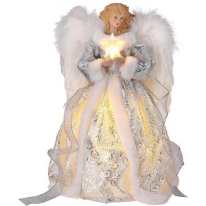 WIOR 12Inch Angel Christmas Tree Topper with White Feather Wings, Led Lighted Xmas Tree Topper Angel Figurine Ornament Christmas Tree Decorations for Home Holiday Party Wedding Christmas Decor, Silver