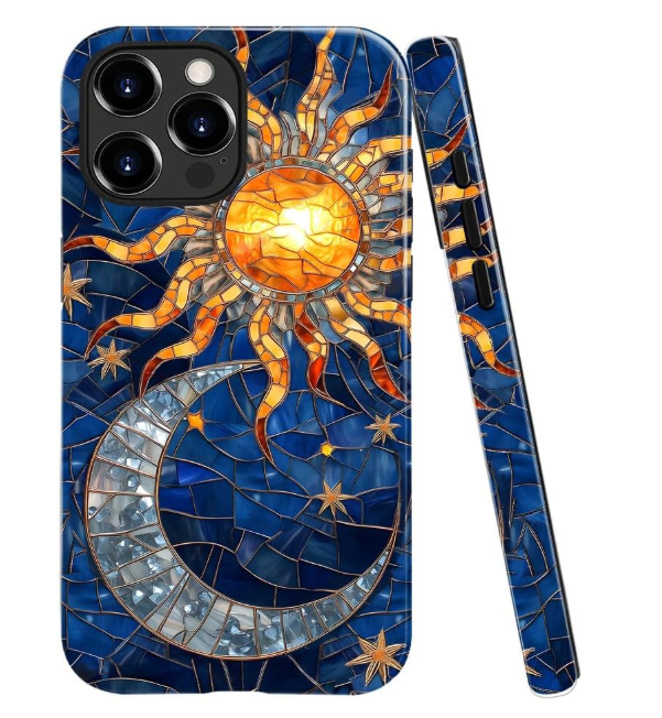 Case for iPhone 14 Pro Max - Slim Fit Anti-Scratch Phone Case for Girl Women - Celestial Sun Moon Star Blue Glass (Glossy)