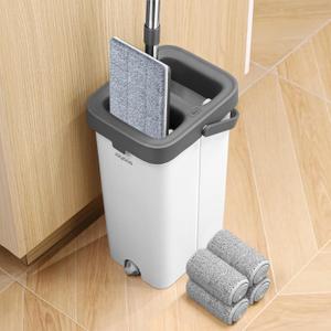 MOPALL Mop and Bucket with Wringer Set for Home, Flat Mop and Bucket Set with Washable Microfiber Pads, Wet and Dry Mop with Long Handle, Wall Cleaner for All Floor Types and Windows