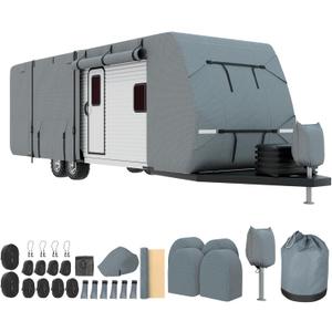 Mofeez Travel Trailer RV Cover, Extra-Thick Upgraded 7 Layers for Camper Cover 27'-30' Windproof Waterproof Rip-Stop RV Covers with Adhesive Repair Patches, 2Pcs Extra Straps & 4 Tire Covers, Grey Travel Trailer Cover
