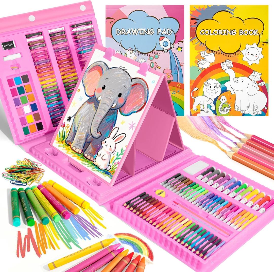 Timart Art Supplies, 210-Piece Drawing Art Kit, Gifts Kids Art Set with Double-Sided Easel, Non-Toxic Art Supplies for Girls & Boys, Drawing Set with Watercolor, Crayons for Young Artists-Pink