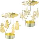 2Pcs Rotary Candle Holder Spinning Tea Light Candle Holder Christmas Style Metal Rotating Candlestick (2, Gold Christmas Snowflake & Snowman)