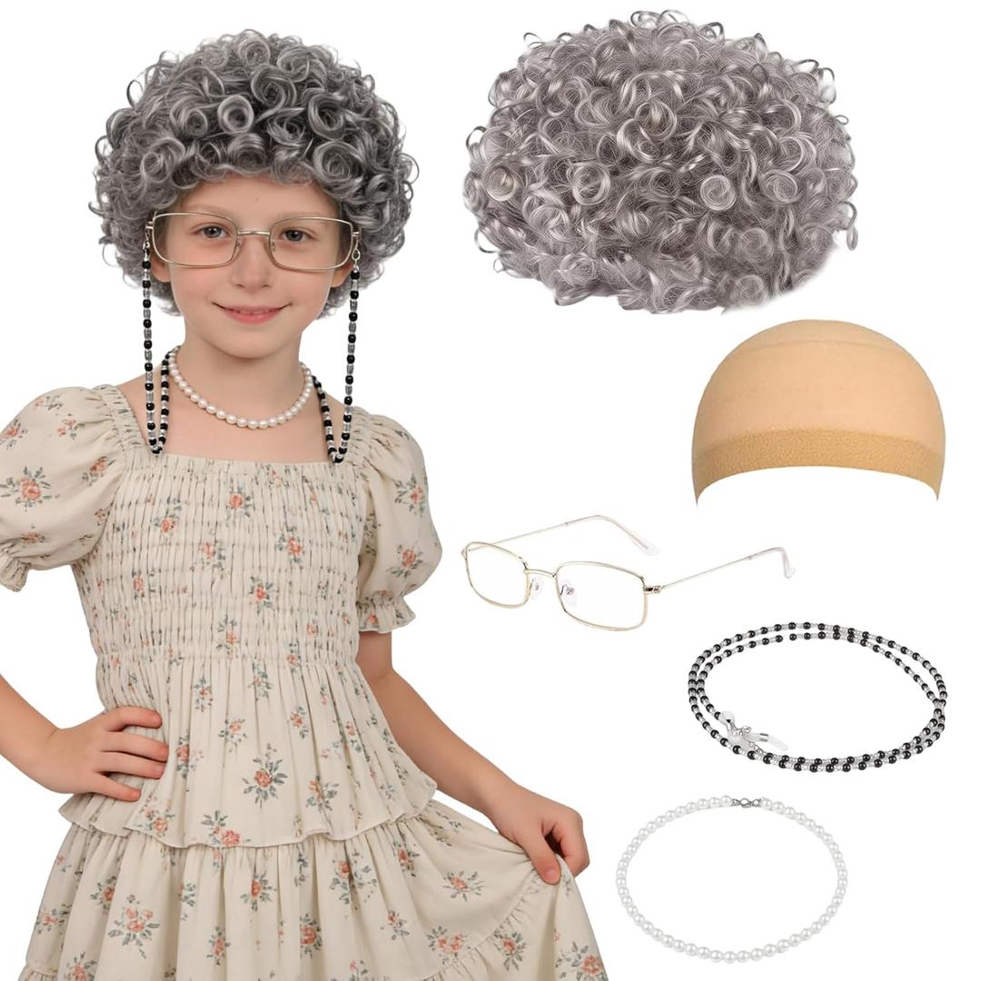 80s Granny Wig Old Lady Costume Set, 100 Days Costume for Kids Elderly Woman Accessories Grandma Wig Wig Caps Madea Granny Glasses Eyeglass Retainer Chain Faux Pearl Necklace for Cosplay Party (Grey)