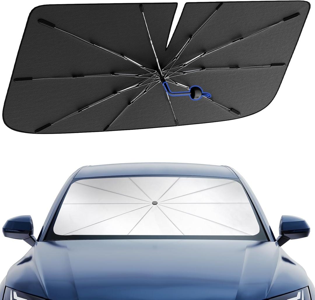 PEMOTech Car Windshield Sunshade Umbrella :5-Layer Nano UV Blocker & 10 Fiberglass Ribs | 360 Rotating Shaft & Anti-Puncture System | Auto-Folding Sun Shield for Sedan/SUV (49"x25.6"/125x65cm)