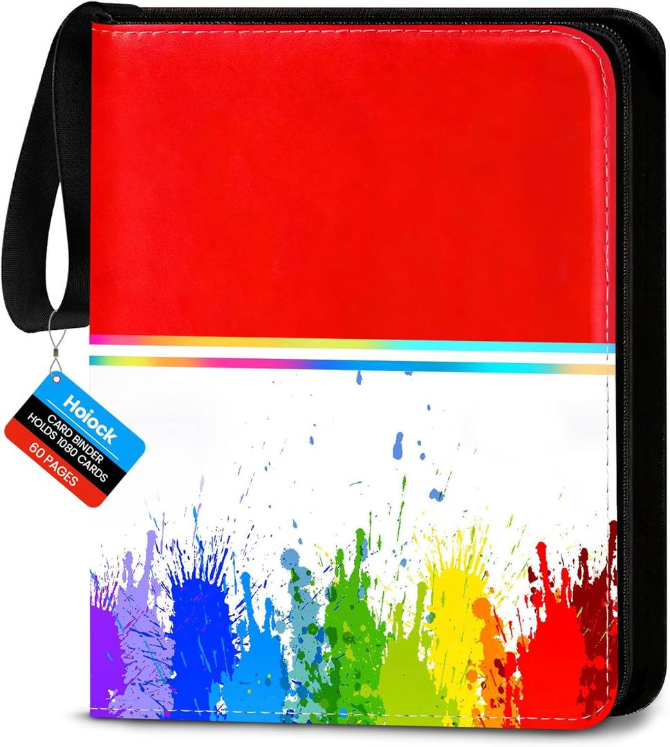 1080 Pocket Trading Card Binder Card Binder 9 Pocket with 60 Removable Sleeves Toploader Binder 3-Ring Zip Card Collection Binder Album for Sports Baseball Card and TCG MTG Cards of Gifts (Colorful)