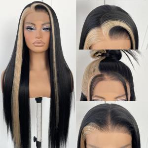MITIMES 13x6 Glueless Skunk Stripe Straight Wig Black And White Highlight Lace Front Wig Pre-Plucked Yaki Synthetic Grey HD Lace Front Wig 32inch