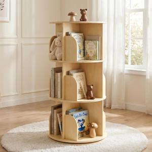 3-Tier Wooden Rotating Bookshelf for Kids, 360° Spinning Bookcase
