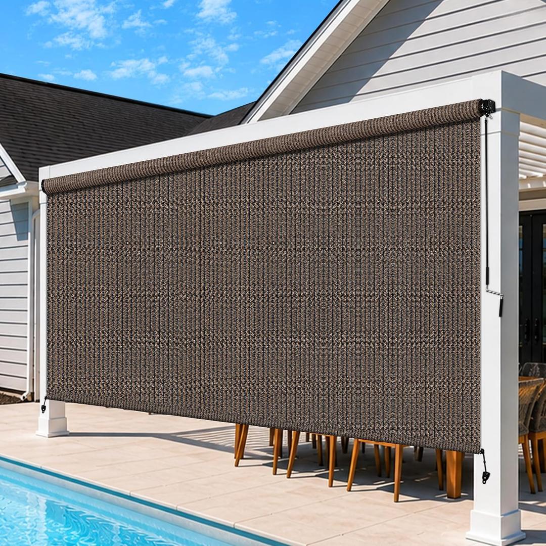 Outdoor Roller Shades for Patio, 9' W x 8' H Cordless Patio Shades Roll Up Outdoor Blinds with Splicing Design, 90% UV Protection for Porch Gazebo Pergola, Mocha, 108"W x 96"H
