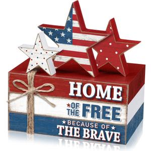 Geelin 4 Pcs 4th of July Wooden Book Stack Sign Decor, 250th Anniversary Patriotic Red White Blue USA Tabletop Decoration with Star Design, Rustic Farmhouse Tiered Tray Decor for Home Office Desk