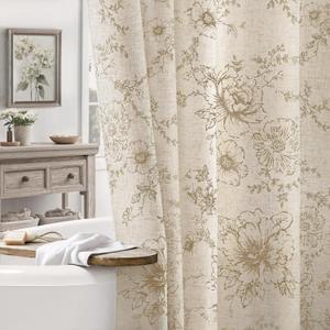 Farmhouse Floral Linen Shower Curtain, Vintage Beige Pattern Rustic Shower Curtains for Bathroom, Tan Taupe,72x72