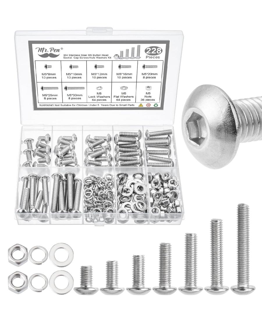 Mr. Pen- Nuts and Bolts Assortment Kit, 228 pcs, Stainless Steel, M5 Screws (7 Sizes 8-30mm)Button Head Socket Cap Screws Assorted Nuts and Bolts Nut Bolt and Washer Assortment Bolt and Nut Assortment