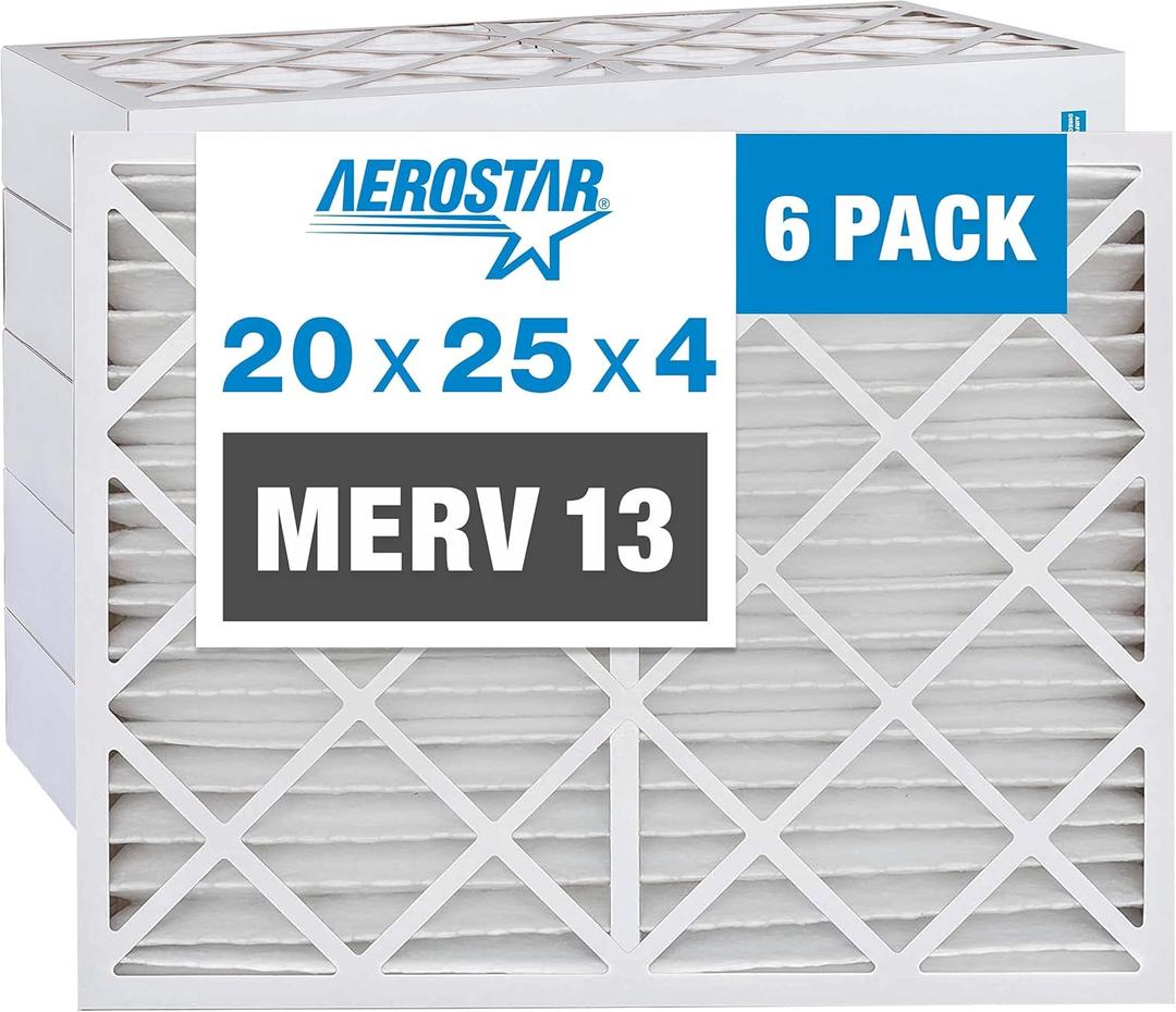 Aerostar 20x25x4 MERV 13 Pleated Air Filter, AC Furnace Air Filter, 6 Pack (Actual Size: 19 1/2"x24 1/2"x3 3/4")