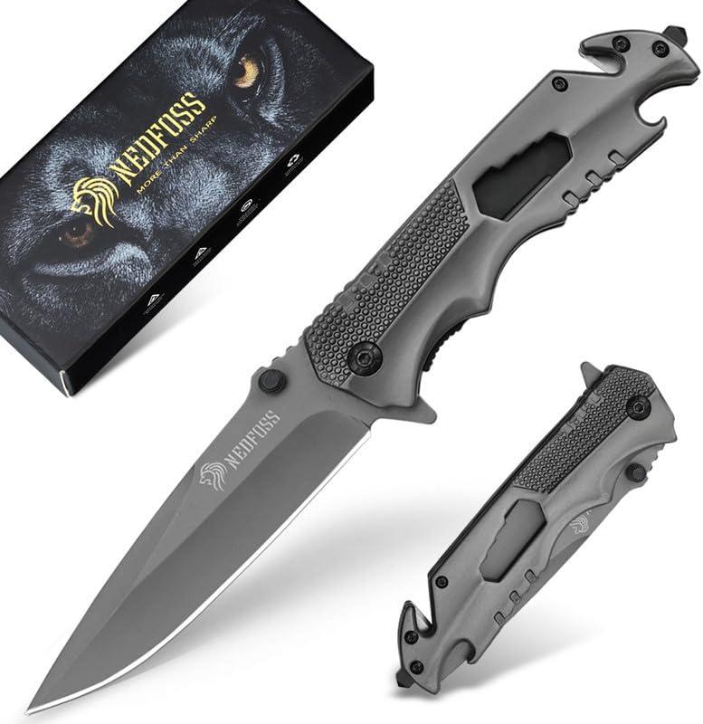 NedFoss FA48 Pocket Knife for Men with Bottle Opener, Glass Breaker, Seatbelt Cutter and Wrench, 5-in-1 Multitool Folding/Survival Knife for Emergency Rescue Situations, Home Improvements (Gray-Liner Lock)