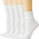 BISOUSOX Ruffle Socks, White Frilly Crew Socks for Women Girls, Cute Turn Cuff Dress, School Uniform Socks Size 5-9