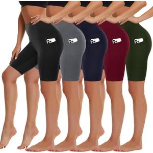 5 Pack Biker Shorts with Pockets for Women - 5"/8" High Waist Spandex Workout Yoga Running Athletic 2XL