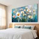 LKY ART Daisy Floral Canvas Wall Art Blue Wildflower Painting Print 20x40in