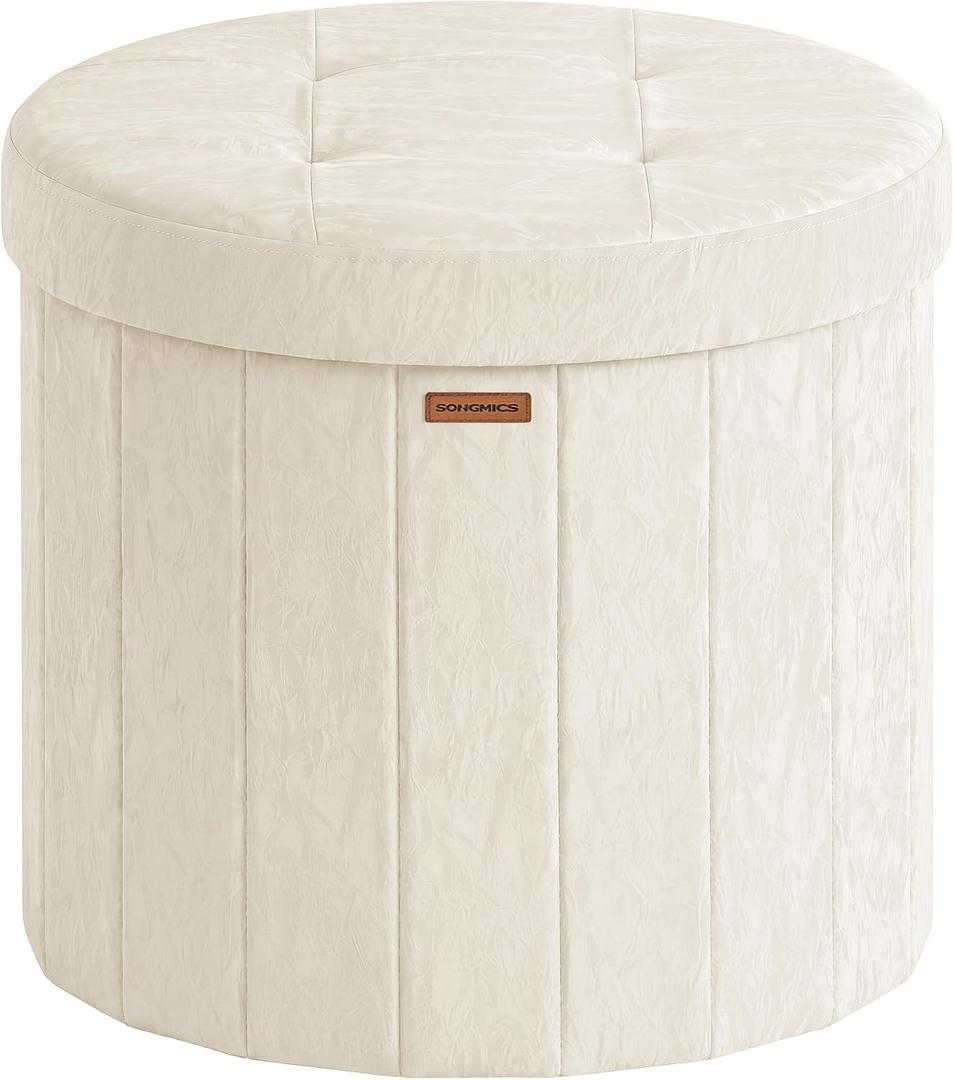 SONGMICS Storage Ottoman Round PU Vanity Stool, 18.5 x 18.5 x 17.7 Inch