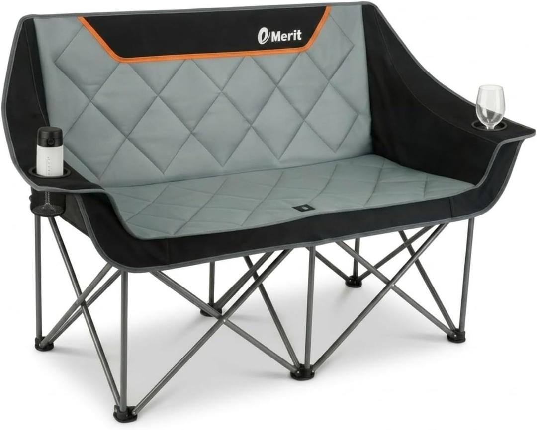 Oversized Fully Padded Camping Chair, Heavy Duty 650LB Folding Camping Loveseat, Quad Fold Double Camping Couch with Cup Holders & Carry Bag for Outdoor, Lawn, Sports Events Black