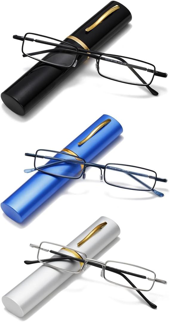 Viseng 3 pairs Slim Mini Metal Reading Glasses Compact Lightweight Portable Readers with Glasses Case for Reading Case +2.0 (Black/Blue/silvery) (3 Pairs: Black & Blue & Silvery)