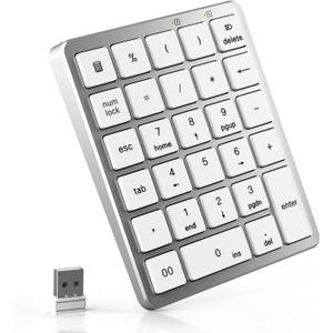 PINKCAT Wireless Number Pad, 28 Keys Numeric Keypad with 2.4G Mini USB Receiver, Portable Number Numpad Financial Accounting for Laptop, PC, Notebook, Desktop, Surface Pro - Silver