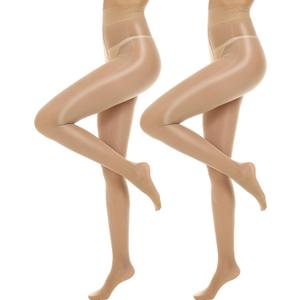 MANZI Shiny Pantyhose for Women 2 Pairs Shimmer Sheer Tights Ultra Silky (Large-X-Large, Natural Nude)