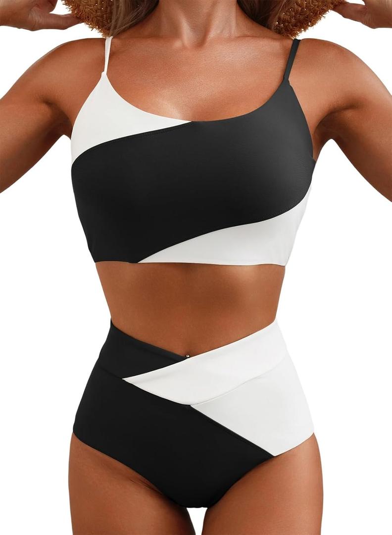 Herseas Women 2 Piece High Waisted Bikini Sets Color Block Popular Swimsuit 2026 Summer Beach Best Bathing Suits Medium
