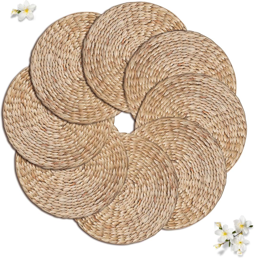 Natural Round Placemats Set of 8, Woven Placemats 13.7", Herringbone Pattern, Table Mats Braided Heat Proof, Farmhouse Boho Table Place Mat Ourdoor Wicker Chargers for Dinner Plates