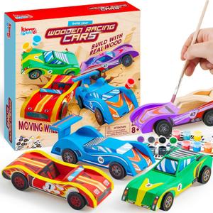 Klever Kits 4 DIY Wooden Race Cars-Build & Paint Your Own Wood Craft Kit, 4 Race Cars Toy, Easy to Assemble Arts Crafts Kit, Birthday Party Presents for Kids Boys and Girls