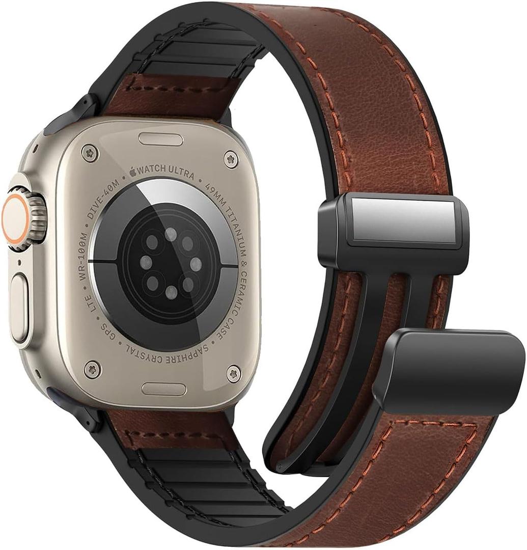 Magnetic Leather Bands Compatible with Apple Watch 49mm 46mm 45mm 44mm 42mm(Series 3/2/1) for Men Women, Genuine Leather with Magnetic Buckle for iWatch Ultra 1/2 Series SE/10/9/8/7/6/5/4/3 (49/46/45/44/42mm(Series 1/2/3), A-Mahogany Brown)