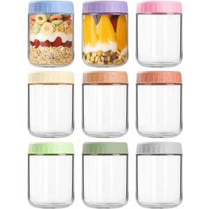 COYACOOL Overnight Oats Containers with Lids, 16oz Wide Mouth Mason Jars with Lids, 9 Pack Glass Jars with Airtight lid for Chia Pudding Yogurt Salad, Meal Prep Oatmeal Jars (MultiColor)