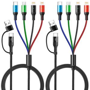 Multi Charging Cable 3.5A Multiple Charger Cable Braided 4 in 1 Multi USB Cable Fast Charging Cord with IP/Type C/Micro Ports for Cell Phones/iPhone Series/Tablets/Samsung Galaxy & More (2Pack 4Ft)
