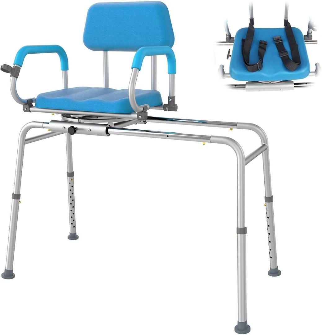 Sliding Shower Chair with Swivel Seat, Tub Transfer Bench for Bathtub, Padded Shower Bench with Pivoting Arms, Height Adjustable Shower Seat for Tubs, Inside Shower for Handicap & Seniors (330LB-Blue Slide  &Swivel Chair)