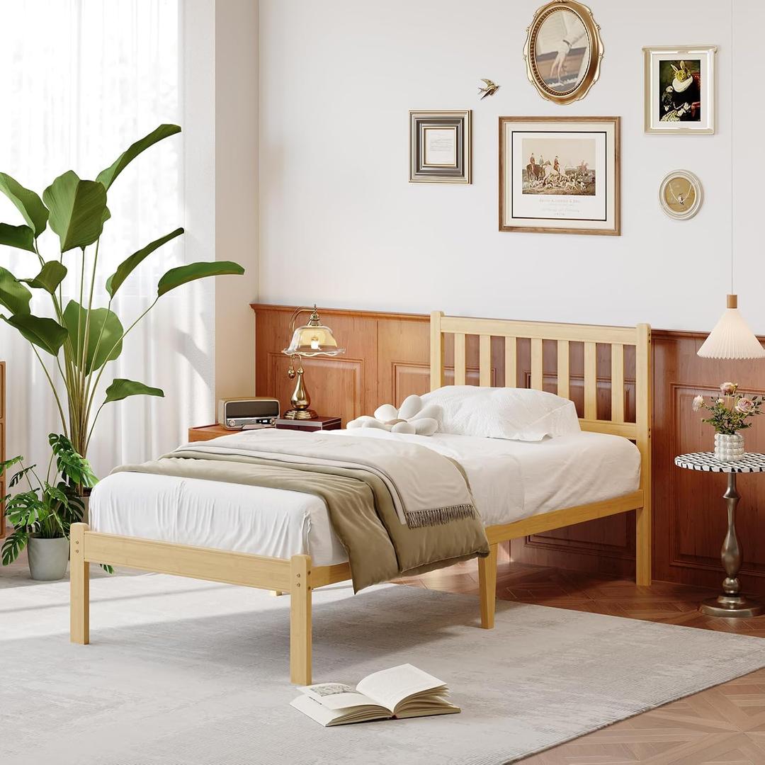14 in High Solid Bamboo Wood Twin Bed Frame with Headboard, Platform Twin Size Bed Frame, Heavy Duty, No Box Spring Needed, Nosie Free