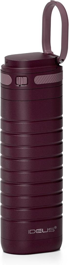 IDEUS Insulated Stainless Steel Water Bottle 14 oz Lockable Lid & Leakproof Travel Coffee Mug for Hot/Cold Beverages Fits Most Cup Holder (Burgundy)