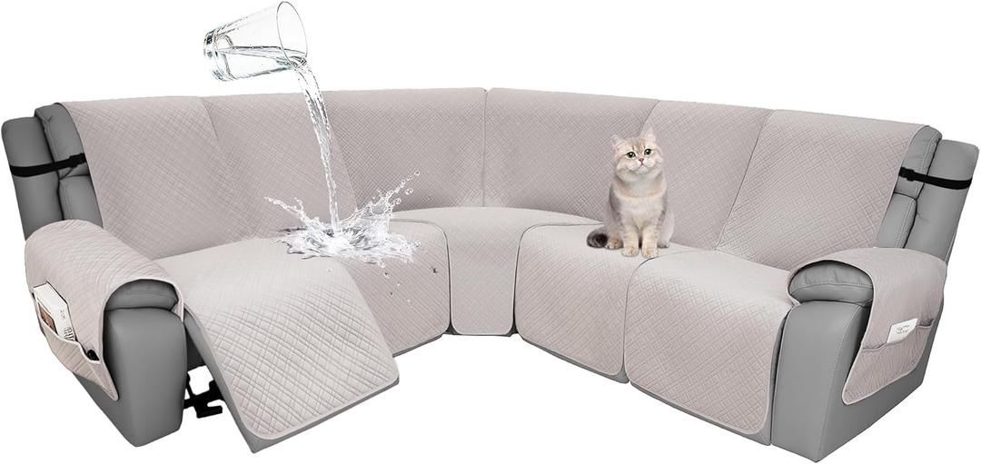 Velvet 1OO% Waterproof Reclining Sectional Couch Covers for Sectional Sofa L Shape 7-Piece Quilted Corner Recliner Sofa Cover Slipcovers Set Washable (5 Seater, Light Grey)