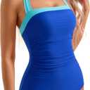 SUUKSESS Women Sexy Tummy Control One Piece Swimsuit Halter Retro Bathing Suit (Medium, 68 Blue Color Block)
