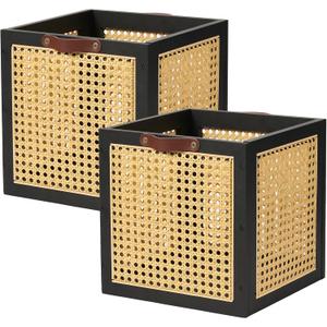 VinneGenzz 2PCS Rattan Storage Cubes Wooden Storage Baskets Boxes Decorative Natural Handmade Bohemian Solid Wood Woven Wicker Cane Bin Closet Shelf Clothes Organizer Books Magazine Holder (Black) (Set of 2 ( 10.8 In ))