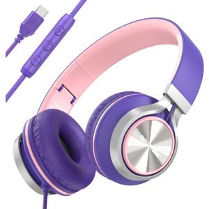 INFURTURE USB C Headphones with Mic,Volume Control,Tangle-Free Plaiting Line,Wired Headphones Type c,Lightweight Foldable for iPhone 17/16/15 Headphone Series/Tablet/School/Travel/Sports/Audiobooks (Pink-purple)