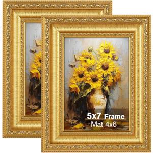 Splinterix 5x7 Gold Picture Frames Set of 2, Ornate Vintage 5 x 7 Photo Frames for Wall Decor or Tabletop Display,5 x 7 Gold Frame with Real Glass, Display 4x6 Pictures with Mat or 5x7 without Mat for Antique Dco
