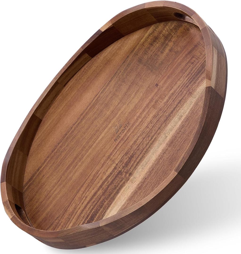 Acacia Wood Serving Tray with Handles - 17'' x 13'' Round, Decorative Ottoman Trays for Breakfast, Home Decor, Tea Party, Coffee Table, Candle Display, Kitchen Counter Board