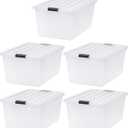 IRIS USA 68 Qt Stackable Plastic Storage Bins with Lids, 5 Pack - BPA-Free, See-Through Organizing Solution, Latches, Durable Nestable Containers, Secure Pull Handle, Made in USA - Clear