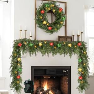 Maysing 2 Pcs 6.2ft Prelit Realistic Christmas Cedar Garland with Star Lights Artificial Cypress Garland Battery Operated with Timer for Table Mantle Christmas Decor(3 Color)