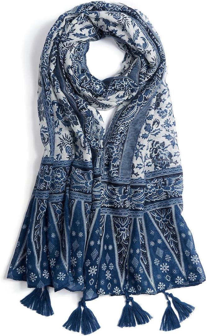 Scarf for Women Lightweight Soft Floral Leopard Printed Scarves Fall Winter Fashion Shawl Wrap with Fringe (Blue)